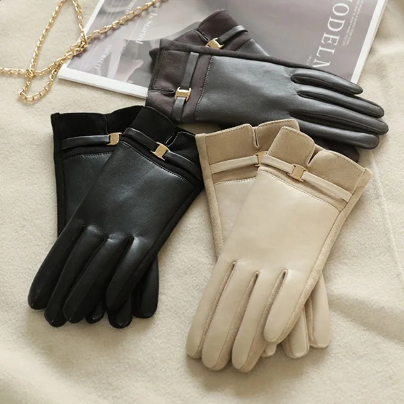 Women Winter Suede Leather Keep Warm Touch Screen Fashion Elegant Gloves Business Style Lightly Waterproof Metal Buckle 250912