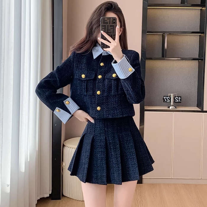 DHEssentials Elegant Socialite High-End Little Chanel Style Suit for Women, Autumn and Winter Korean Style, Thick Woolen Pleated Short Skirt Two-Piece