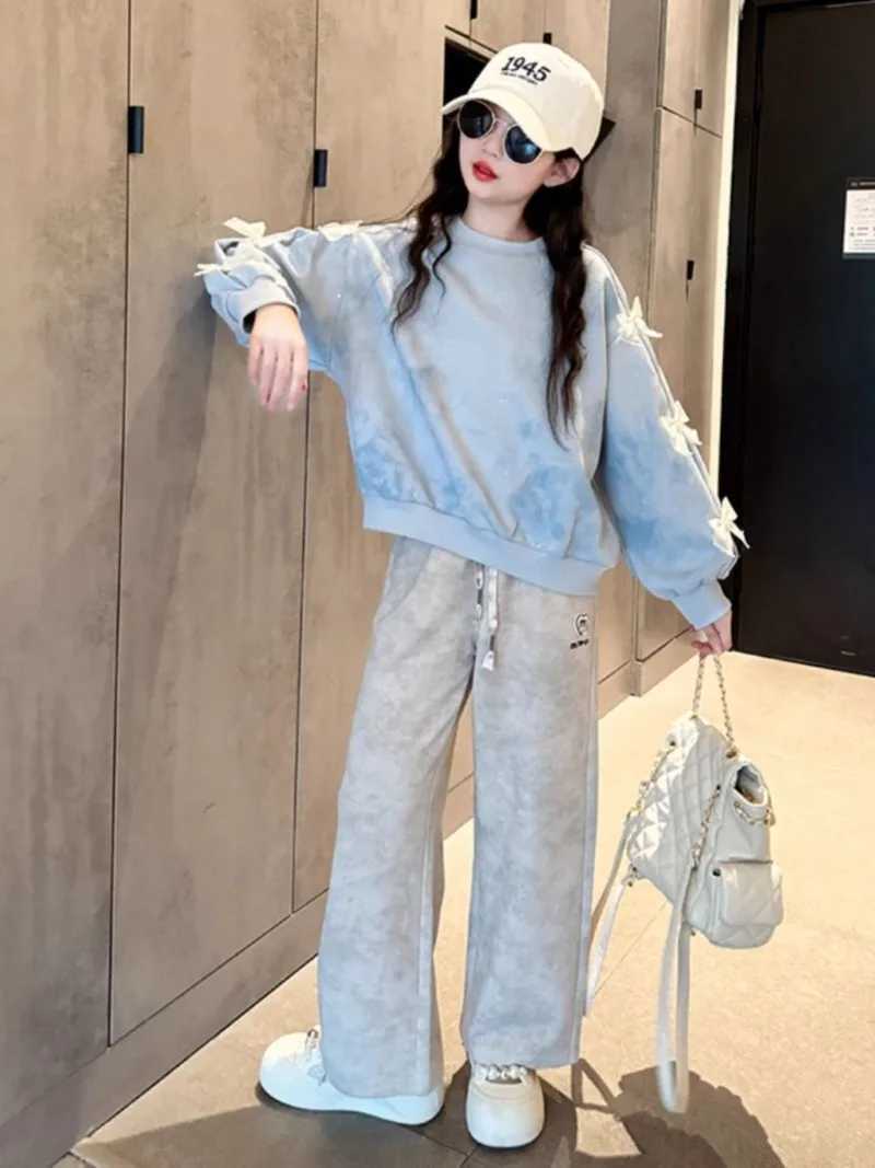 Top Pants 2Piece Set Bow Sweatshirt Girl Two Skirt Elementary Student Clothes Autumn Winter Outfit Childrens Clothing Girls C250912