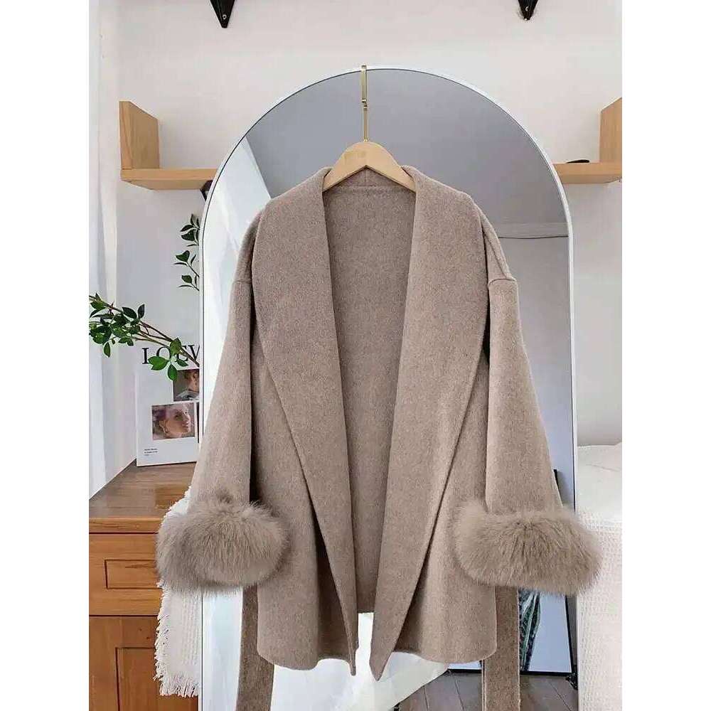 Dresses BZVW High End Wool Strapping Coat Women's Removable Cuffs Fox Fur Temperament Double-Sided Cashmere Short Jacket