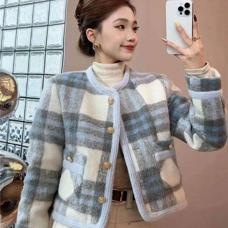 DHEssentials Chanel Style High-End Elegant Socialite Woolen Coat for Women 2025 Autumn Winter Blue Plaid Short Thickened Top