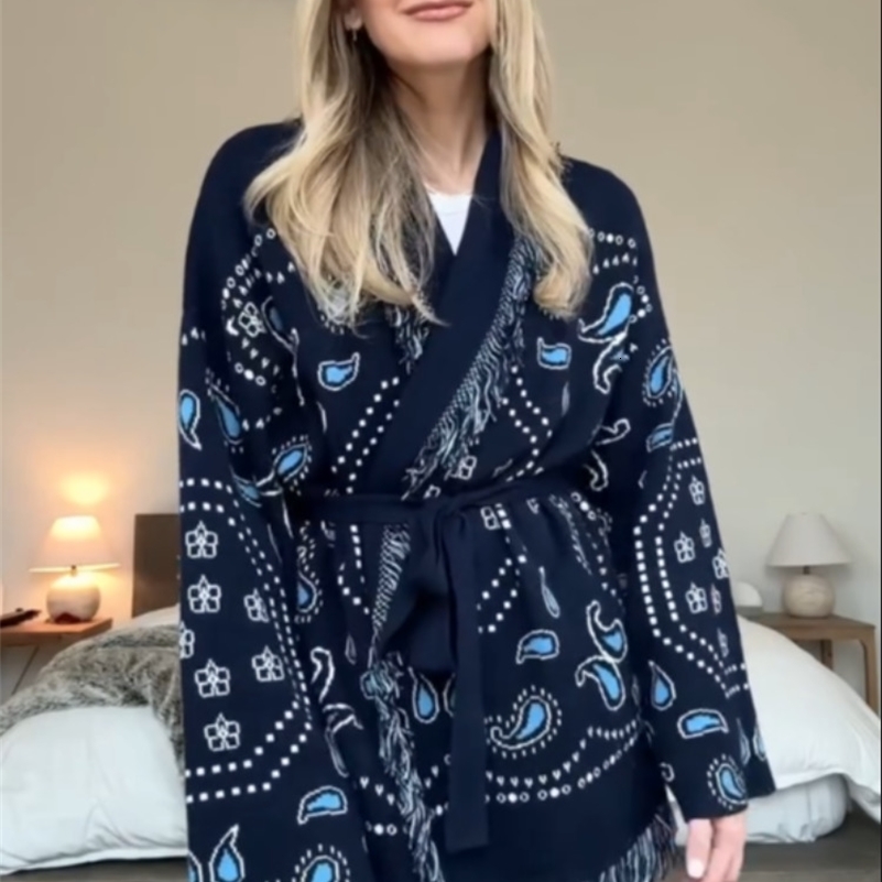 Tassel Patchwork Printed Cardigan Women Geometric Patterns Belts Vneck Long Sleeve Knitted Street Lady Sweater 2025 Autumn Coat 250911