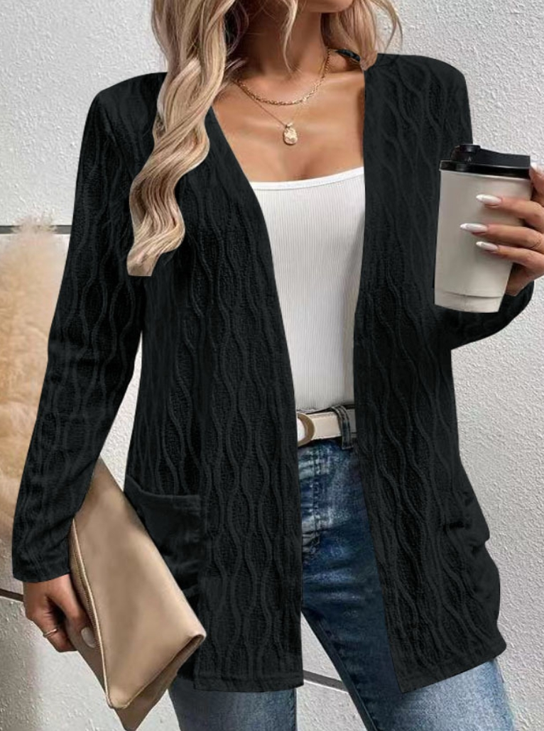Openwork Solid-Color Homewear Casual Knit Long-Sleeve Cardigan for Commuting