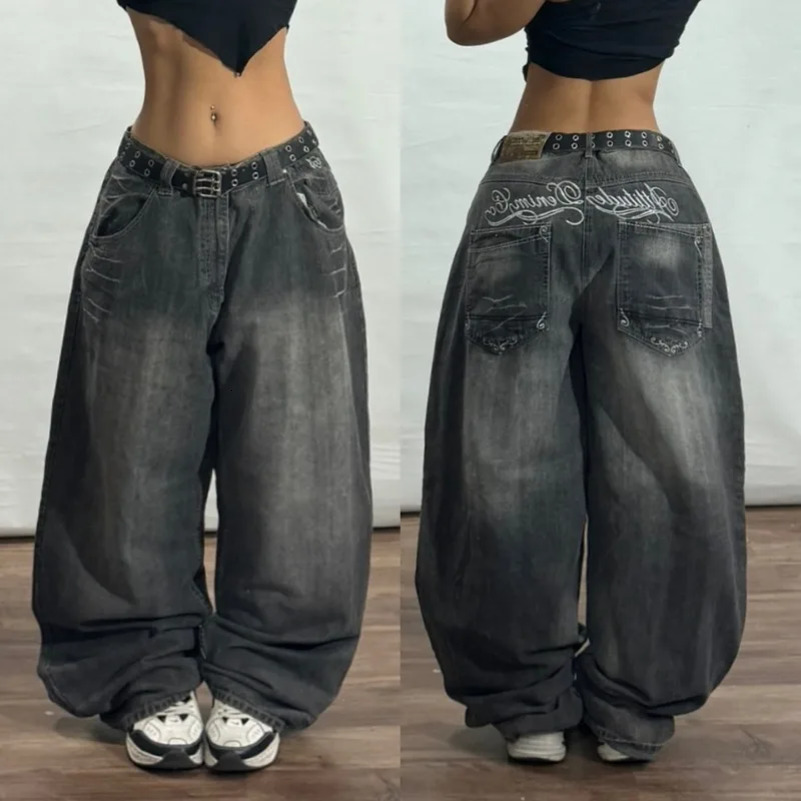 Streetwear Vintage Letter Printing Washed Baggy Jeans Women Y2K Harajuku Hip Hop Gothic High Waist Wide Leg Pants 250911