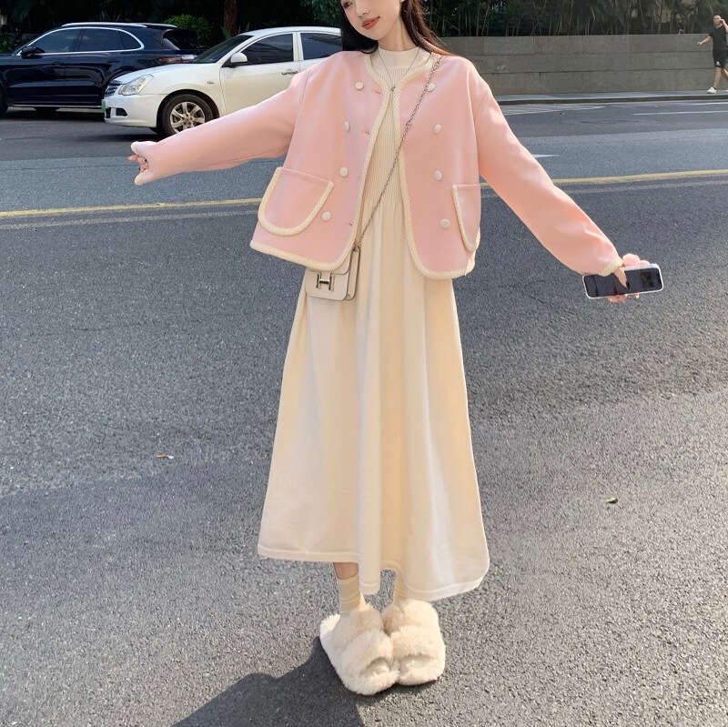 DHEssentials Autumn Winter New French Small Fragrance Color-Block Elegant Long-Sleeve Coat Women Gentle Style Apricot Dress Two-Piece Set