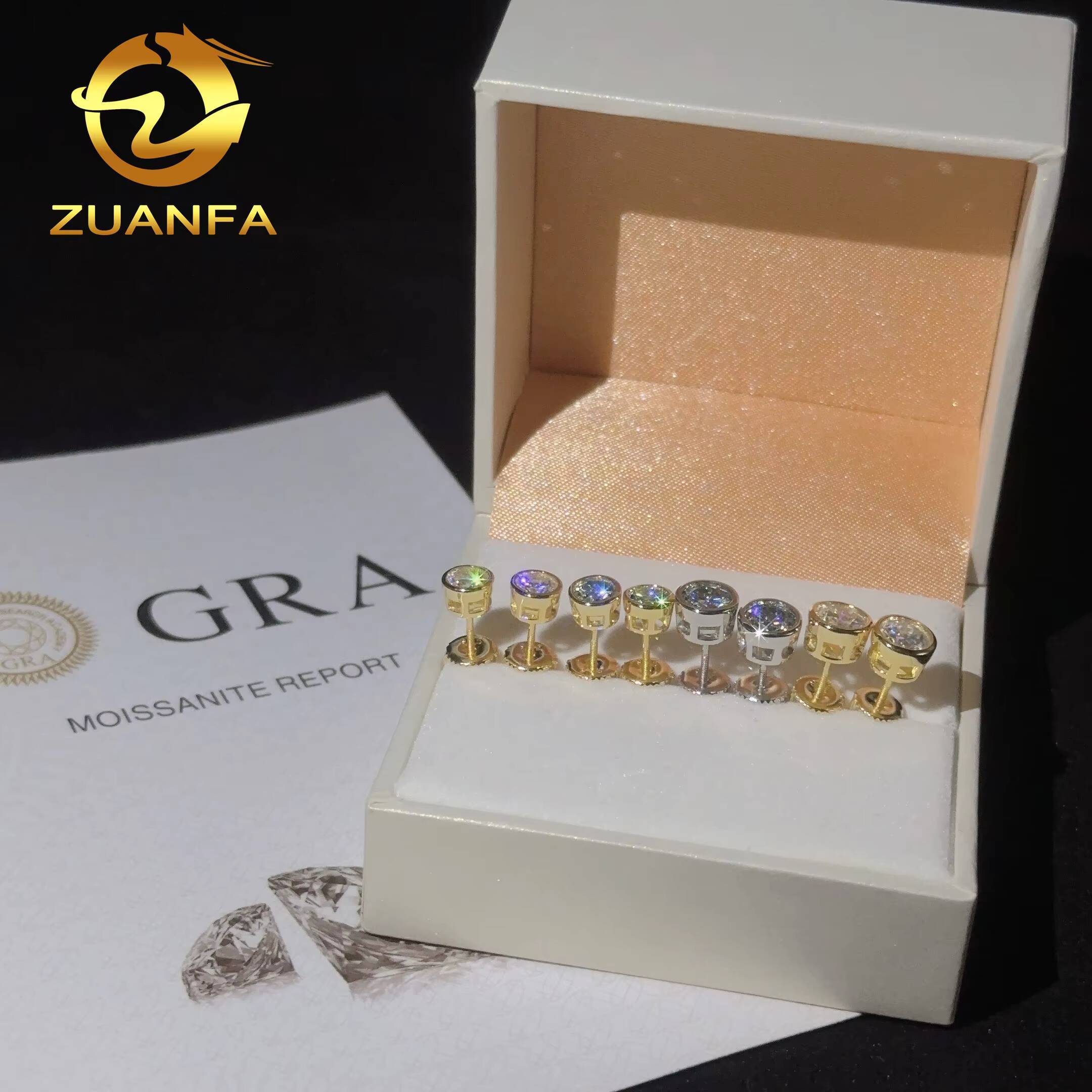 18k Gold Plated Rapper Jewelry Bezel Moissanite Stud Earring Round Cut 925 Sterling Silver Screw Back Iced Out Hip Hop Earring