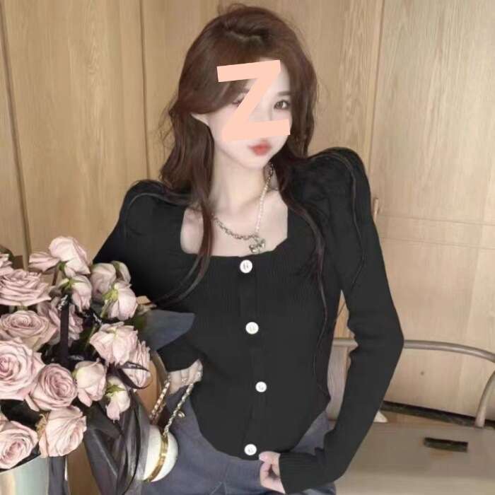 DHEssentials Autumn Winter New Slim Fit Short Top Small Fragrance Style Elegant Square Collar Buttoned Curved Puff Sleeve Knitted Sweater for Women