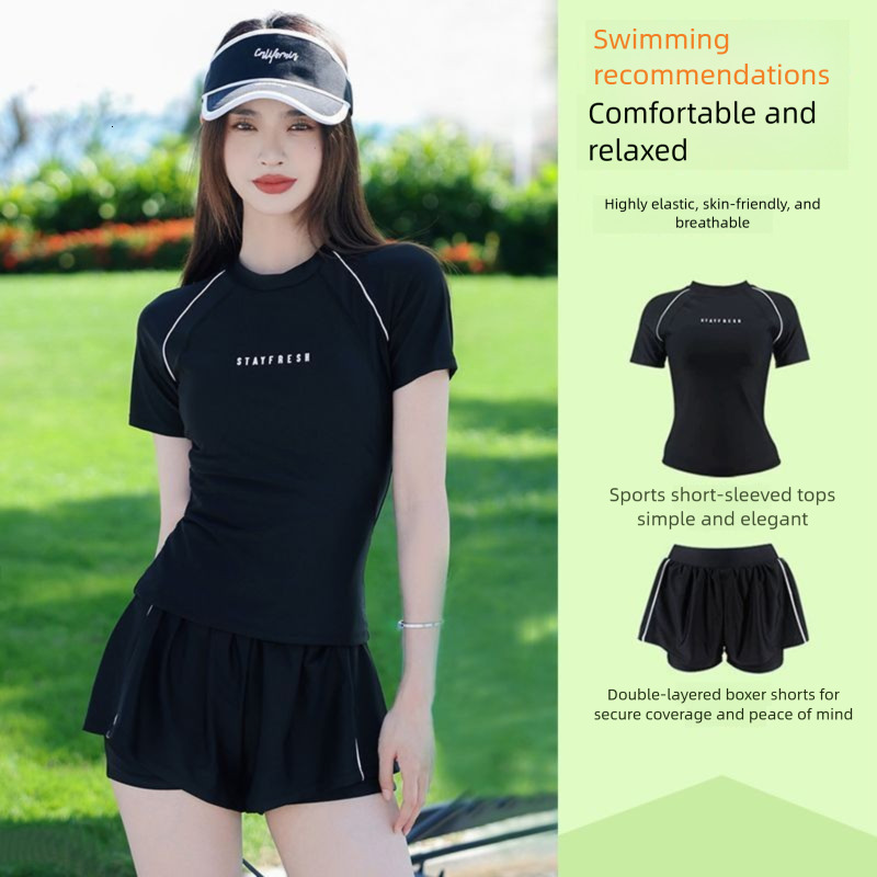 Sports Swimsuit Adult Women's New Plus Size Two-Piece Set Short Sleeve Student Hot Spring Conservative Swimwear