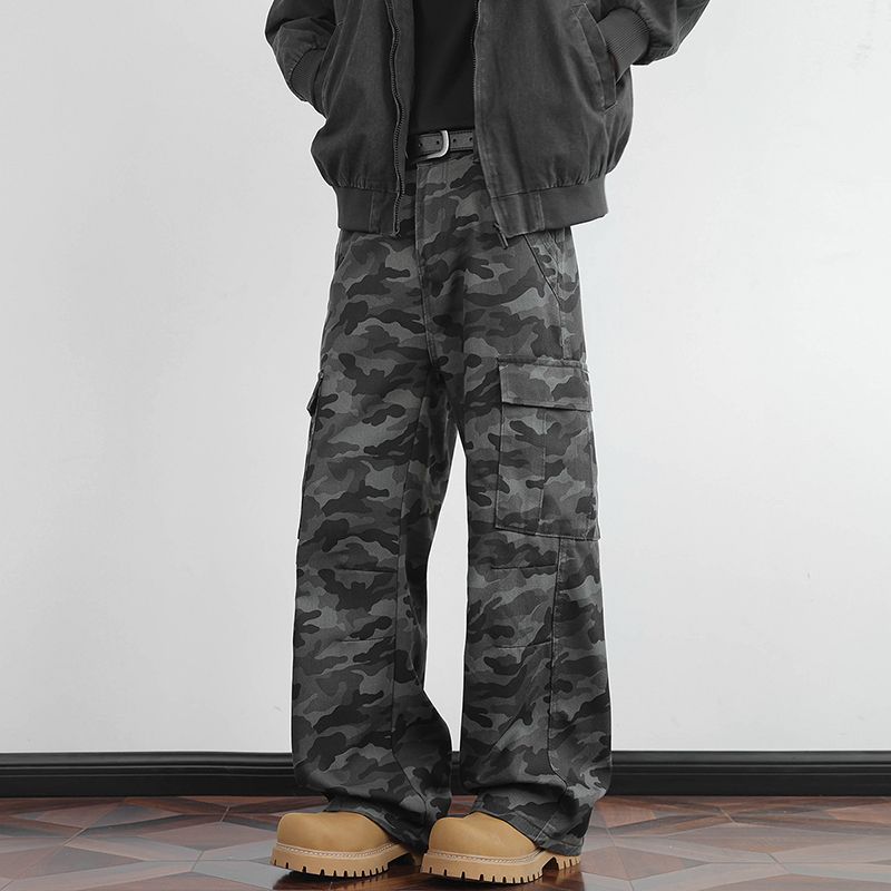 Men's Jeans Autumn Winter Camouflage Cargo Jeans -&Elastic Waistband (Semi) + Button Belt Design, Stylish Versatile Long Pants Unisex