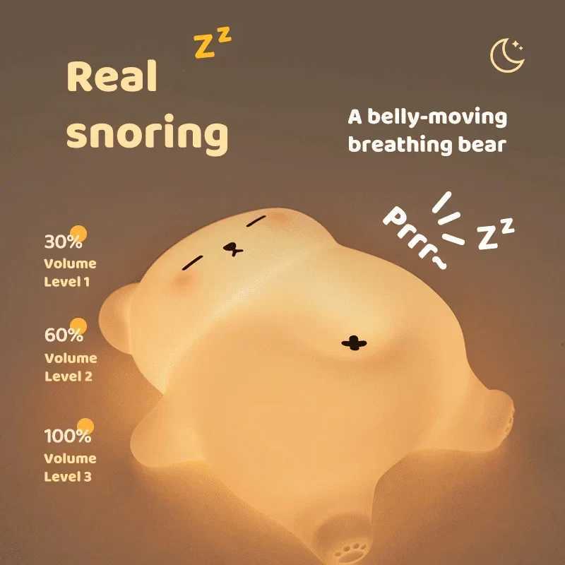Snoring Bear Night Light with Soothing Sound Effects Dimmable LED Adjustable Volume Perfect for Kids Adults Nursing Mothers C251122