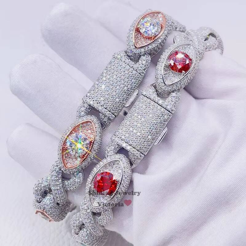 Hip Hop Jewelry Men Fashion 14K White Gold Plating Sterling Silver 925 Iced Out VVS Moissanite Diamond Evil Eye Cuban Bracelet 1