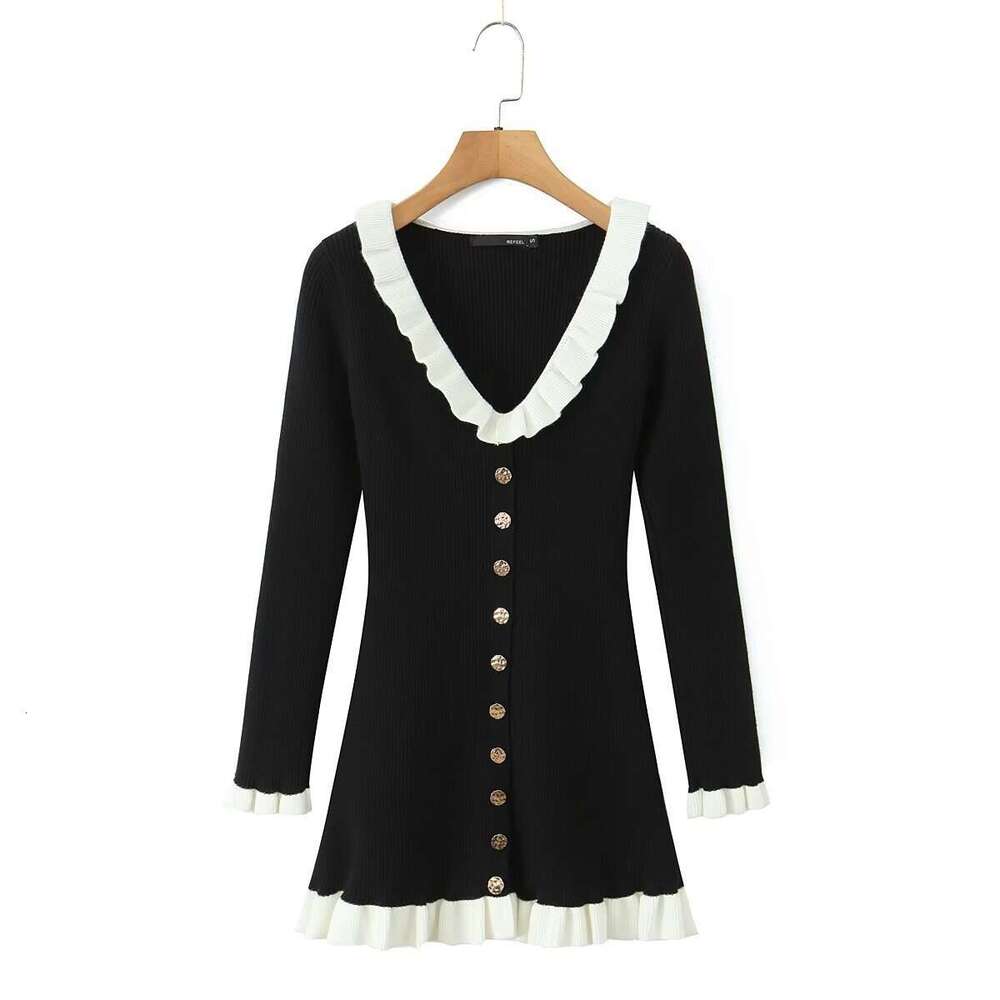 DHEssentials INS2025 New Fashionable Elegant Women's French Hepburn Ruffle Collar Little Chanel Style Dress