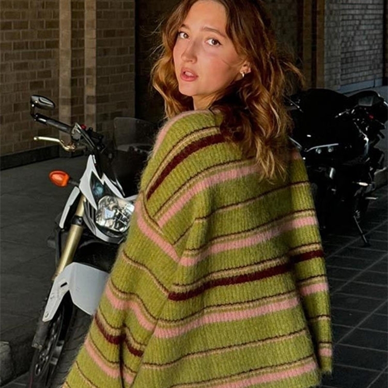 Elegant Stripe Vneck Women Sweater Single Breasted Loose Knitted Lady Cardigans 2025 Autumn Casual Full Sleeve Female Coat Tops 250911