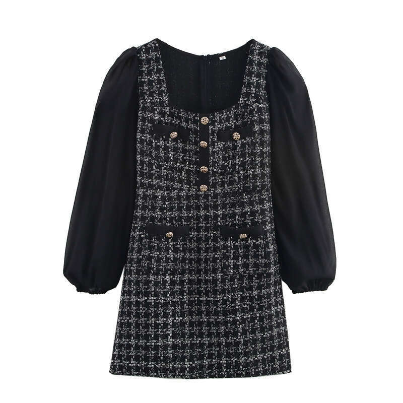 DHEssentials Spring New Women's Dress Slim Fit Casual Tweed Chanel Style Square Neck