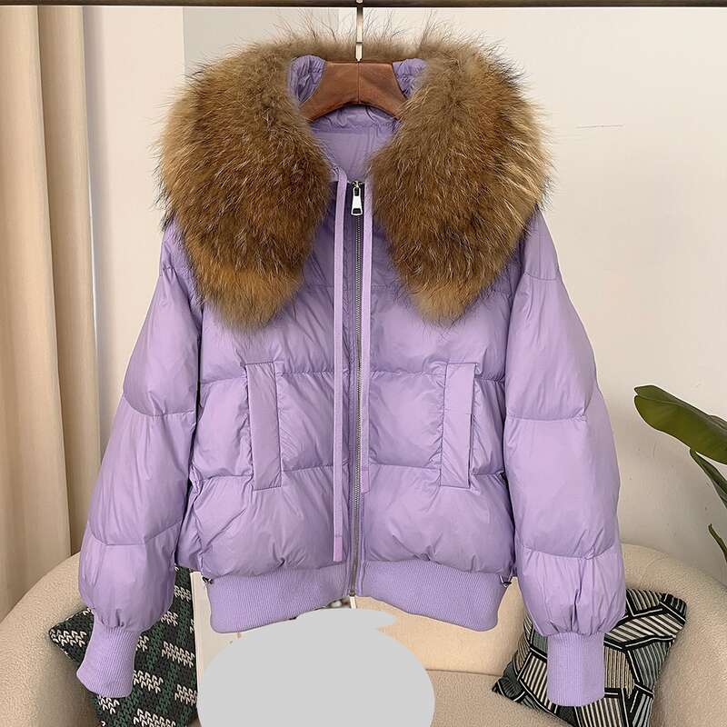 Clothing Oversized Raccoon Fur Collar Winter Women's Short Thickened White Duck Down Jacket Flat Coat
