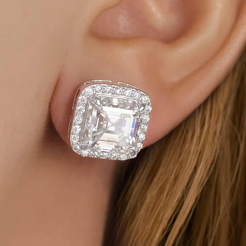 FOXI 925 Sterling Silver Earring square Asscher Cut Moissanite Diamond Halo Earrings Screw Back Post Stud Earrings for Men Women