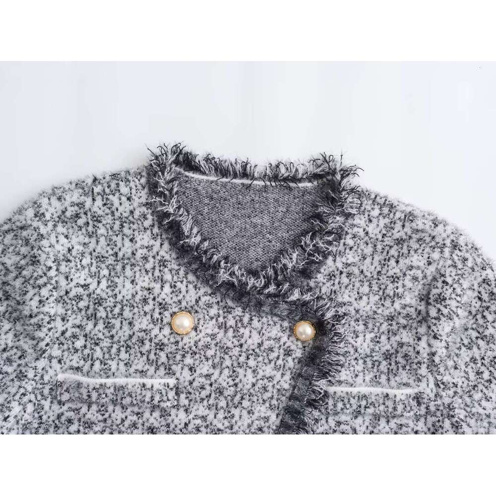 DHEssentials French Style High-End Diagonal Collar Anti-Mink Wool Gray Round Neck Knitted Cardigan