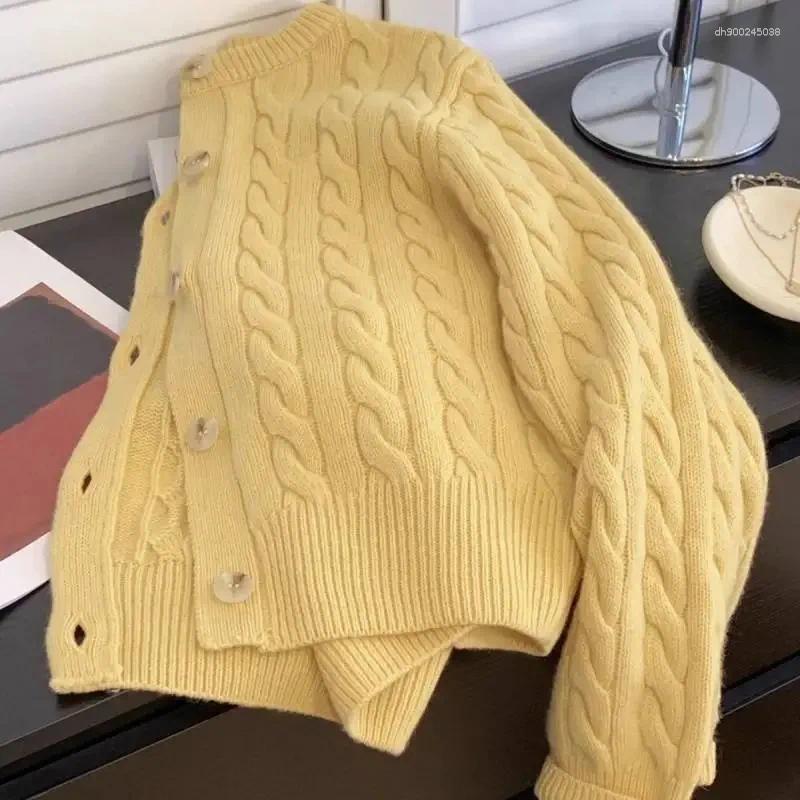 Women's Sweaters Loose Knitted Yellow Twist Open Cardigan Short Style Early Spring 2025 Sweater Top Crew Neck Pattern