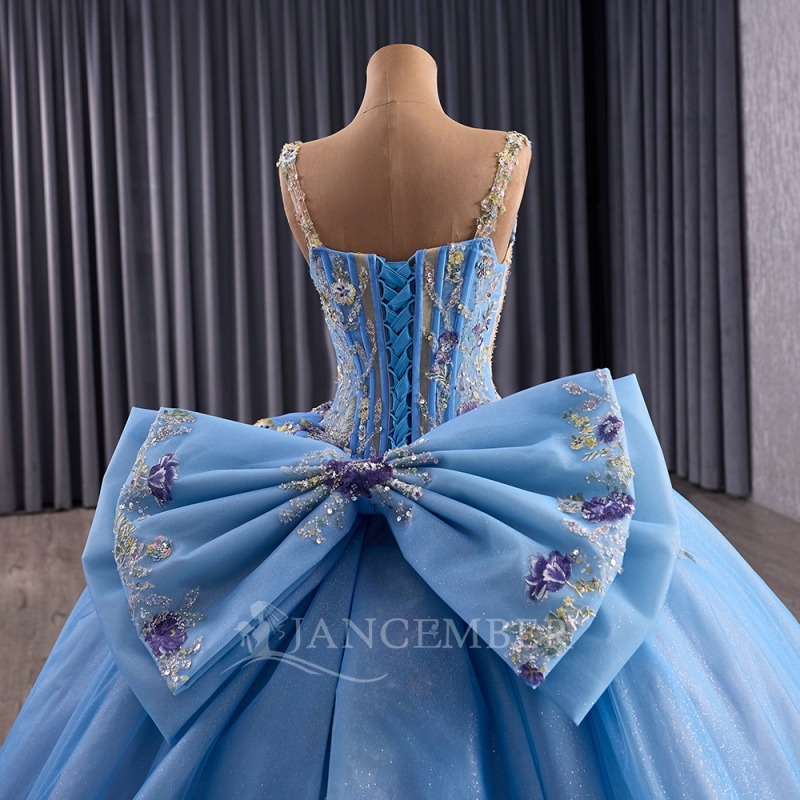 Light Blue Ball Gown Quinceanera Dresses Off The Shoulder Sequin Applique Lace Beads Bow Tull Party Birthday Sweet 16 Dress Vestidos 15 De Anos