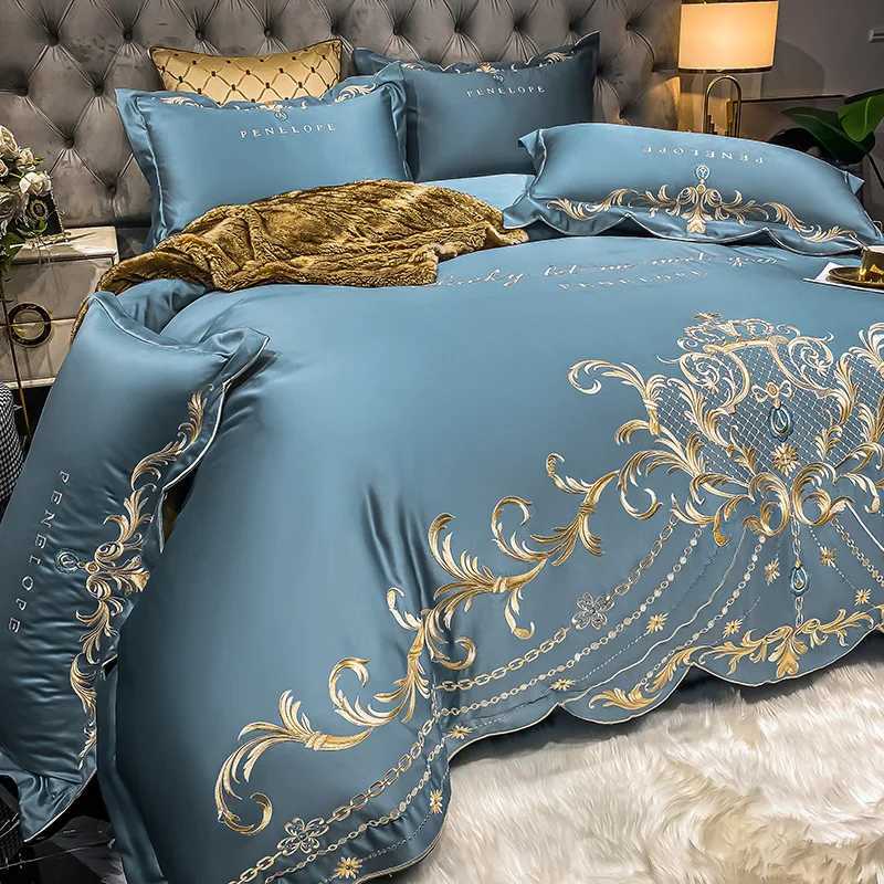 4pcs Gray Sateen Gold Embroidery Luxury Satin Cotton Bedding Set Double Queen King Comforter Cover Bed Sheet Pillowcases 48x74cm C250912