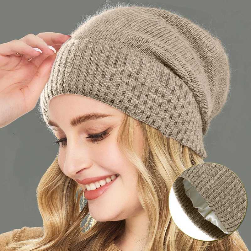 Wens Cashmere Beanie Hat Winter Knitted Solid Skl Satin Li Soft Outdoor Windproof Stripes Warm Slouchy Bonnet G250910