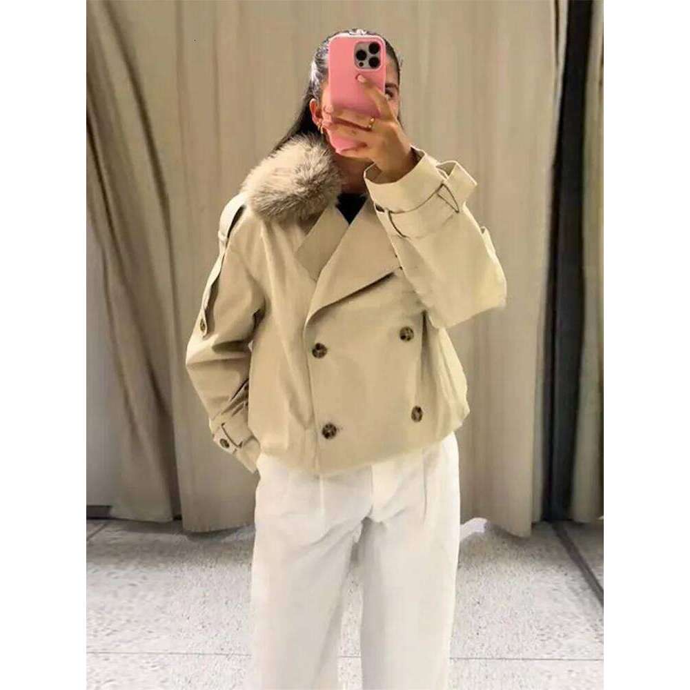 Women's Chic Double Breasted Cropped Trench Coat With Faux Fur Collar Fashion Long Sleeve Jacket Lady Autumn Winter Outerwear
