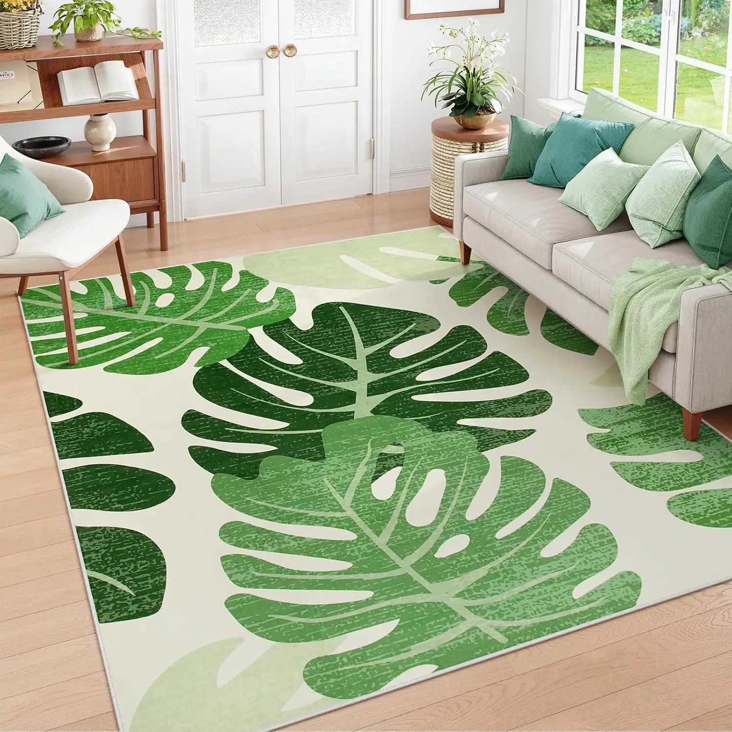 Leaf Area Rugs for Living Room Green Washable Throw Rugs Tropical Monstera Plant NonSlip Bedroom Carpet Porch Entryway Kitchen C250912