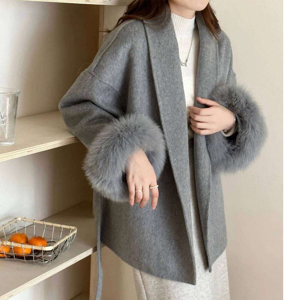 Dresses 2023 Autumn Wool Coats Fox Fur Drouble Face Wooen Regular Length Women Elegant Woolen Coat Veste Femme Tops New