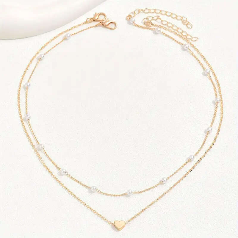Hot Selling Imitation Pearl Heart Pendant Versatile Collarbone Chain for Women Double Layer Stacking Necklace