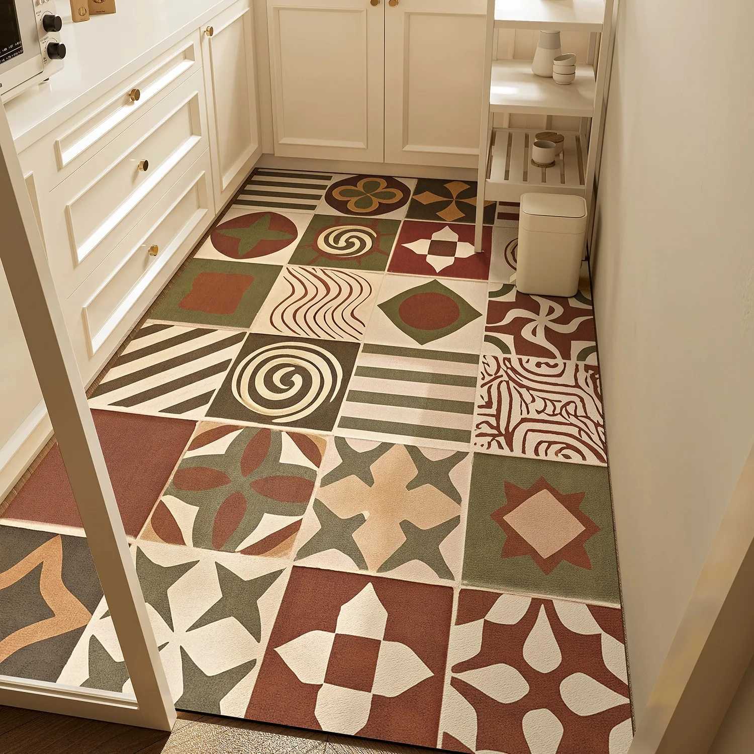 Kitchen Carpet Nonslip Waterproof Oilproof Floor Mat Retro Geometric Flower Pattern Rug Large Size Home Decoration Mats C250912