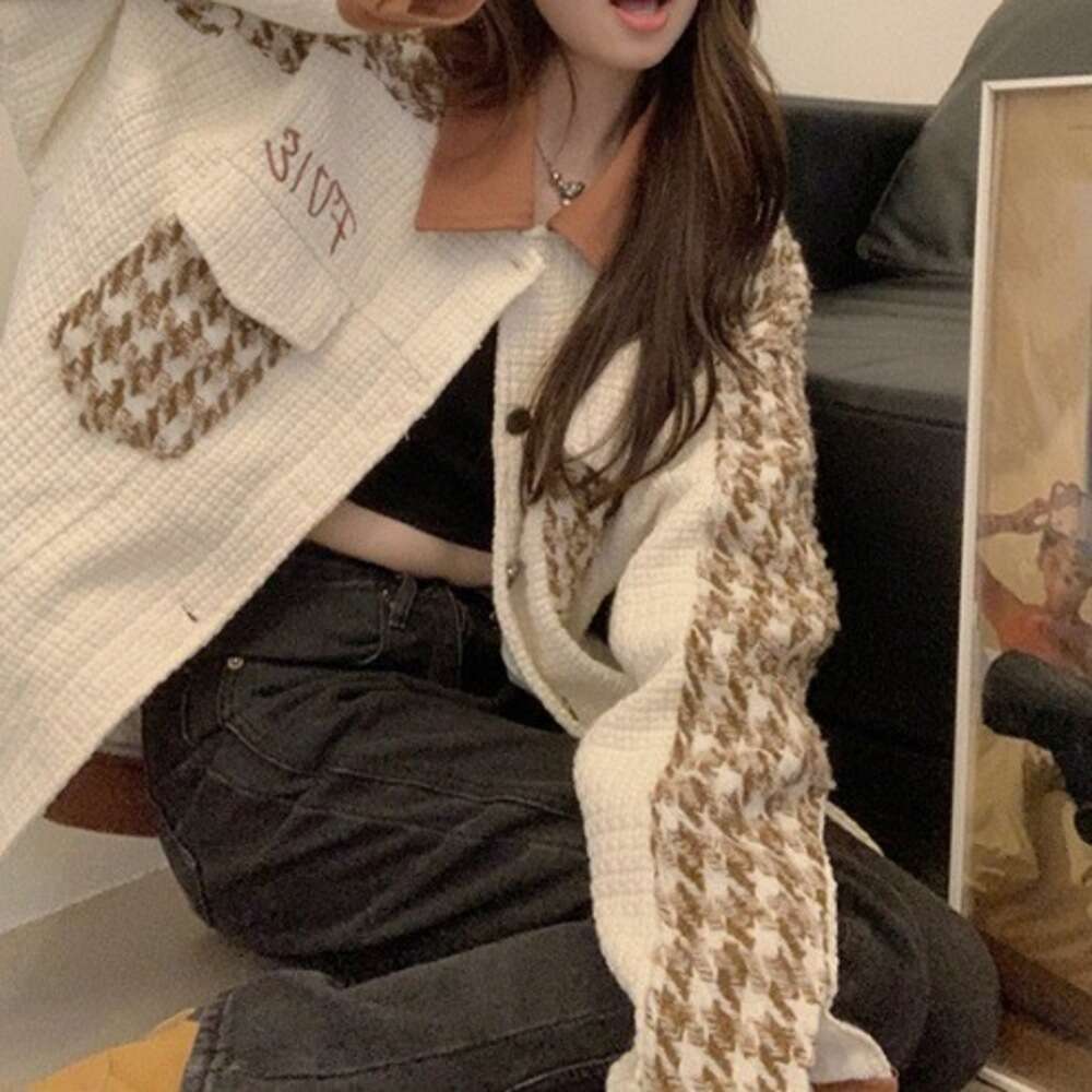 DHEssentials 2025 Long Sleeve Thickened Top Little Chanel Style High-end Houndstooth Color-blocking Baseball Jacket Women's Winter Clothing