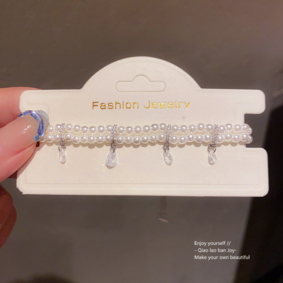 Silver - Toned Layered Pearl Bracelet With Teardrop Crystal Charms Delicate Daily & Elegant Jewelry Gift For Her Romantic And Timeless Accessory