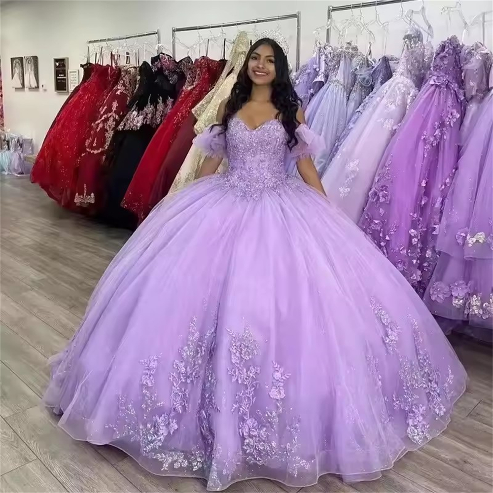 Ball Gown Quinceanera Dresses Lilac Off Shoulder Appliques Sweetheart Tulle Customized Sweet 15 16 Princess Birthday Party Gowns Vestidos De 15 Anos Q