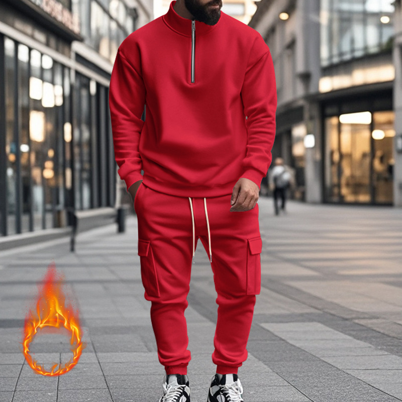 Mens tracksuit New American Style Men's Casual Fleece-Lined Warm Zip-Up Workwear Pants Set EU Size: S-3XL