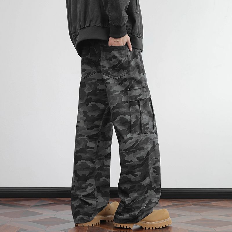 Men's Jeans Autumn Winter Camouflage Cargo Jeans -&Elastic Waistband (Semi) + Button Belt Design, Stylish Versatile Long Pants Unisex