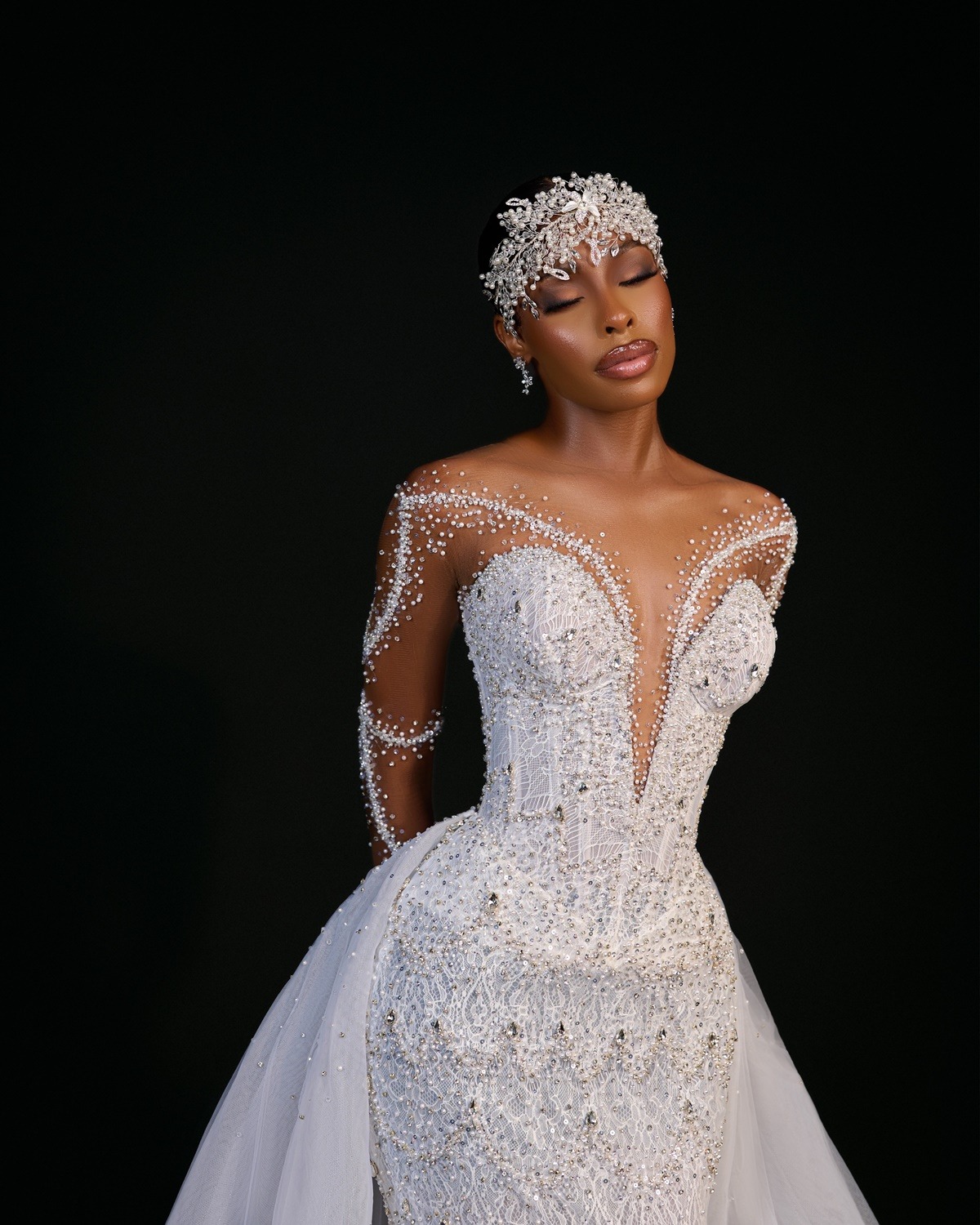 Vintage Mermaid Wedding Dress Crystal Lace Beaded Bridal Gowns Sheer Neck Long Sleeves Detachable Train Dresses Custom Made vestidos de novia