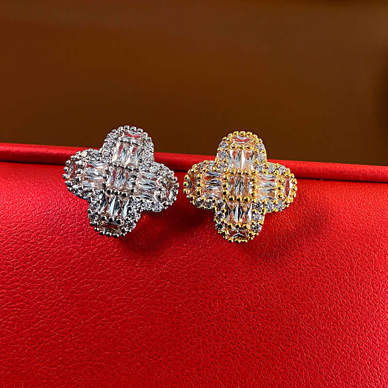 Real Gold Plated Sier Needle Zircon Flower Full Dia Light High-end Fashion Versatile Earrings