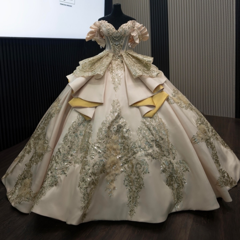 Champagne Ball Gown Quinceanera Dresses Off The Shoulder Sequin Applique Lace Beading Tull Party Birthday Sweet 16 Dress Vestidos 15 De Anos