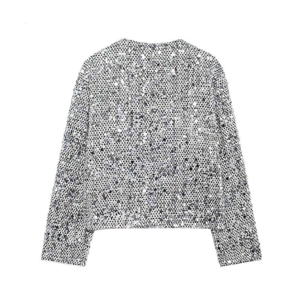 DHEssentials French Style Chic Personality Street Round Neck Tweed Short Sequin Jacket