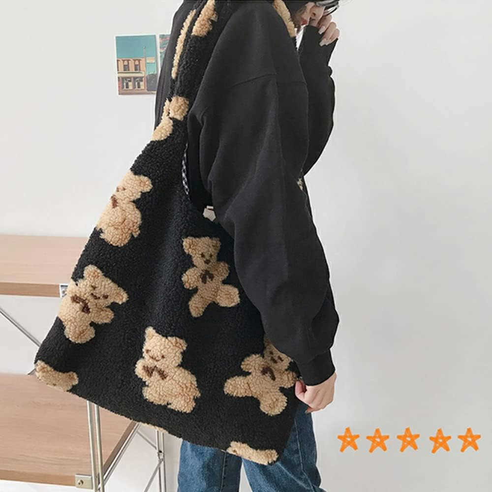 Women Canvas Tote Cute Bear Plush Shoulder Bag Furry Handbag Purse Large Faux Fur Shopping Dating Bag M250912