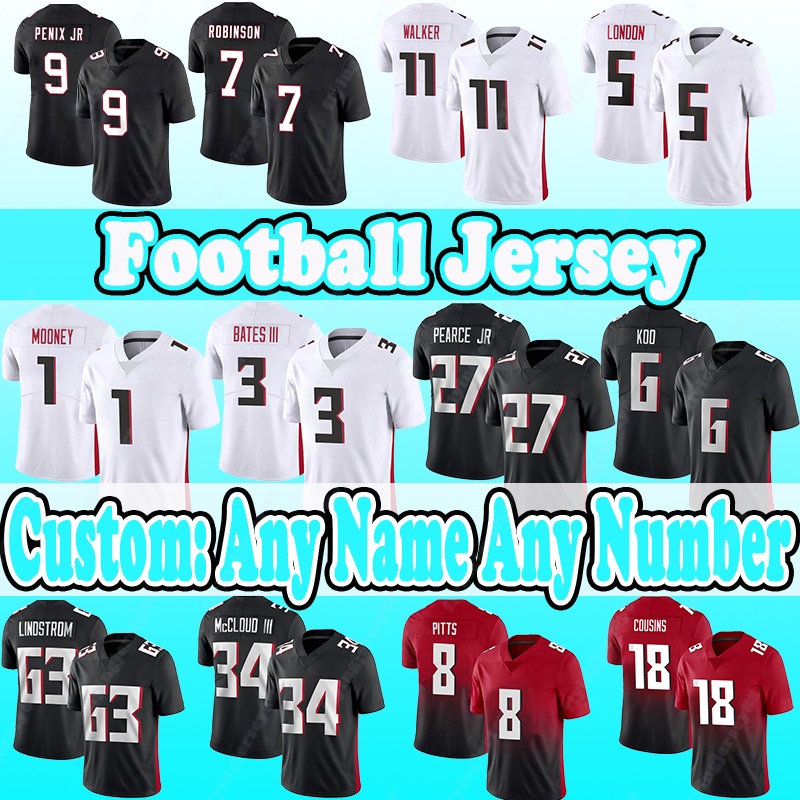 2025 New Football Jerseys 11 Walker 9 Michael Penix Jr 7 Bijan Robinson 18 Kirk Cousins 63 Chris Lindstrom 34 Ray-Ray McCloud III 98 Ruke Orhorhoro 70 Jake Matthews 7 Vick