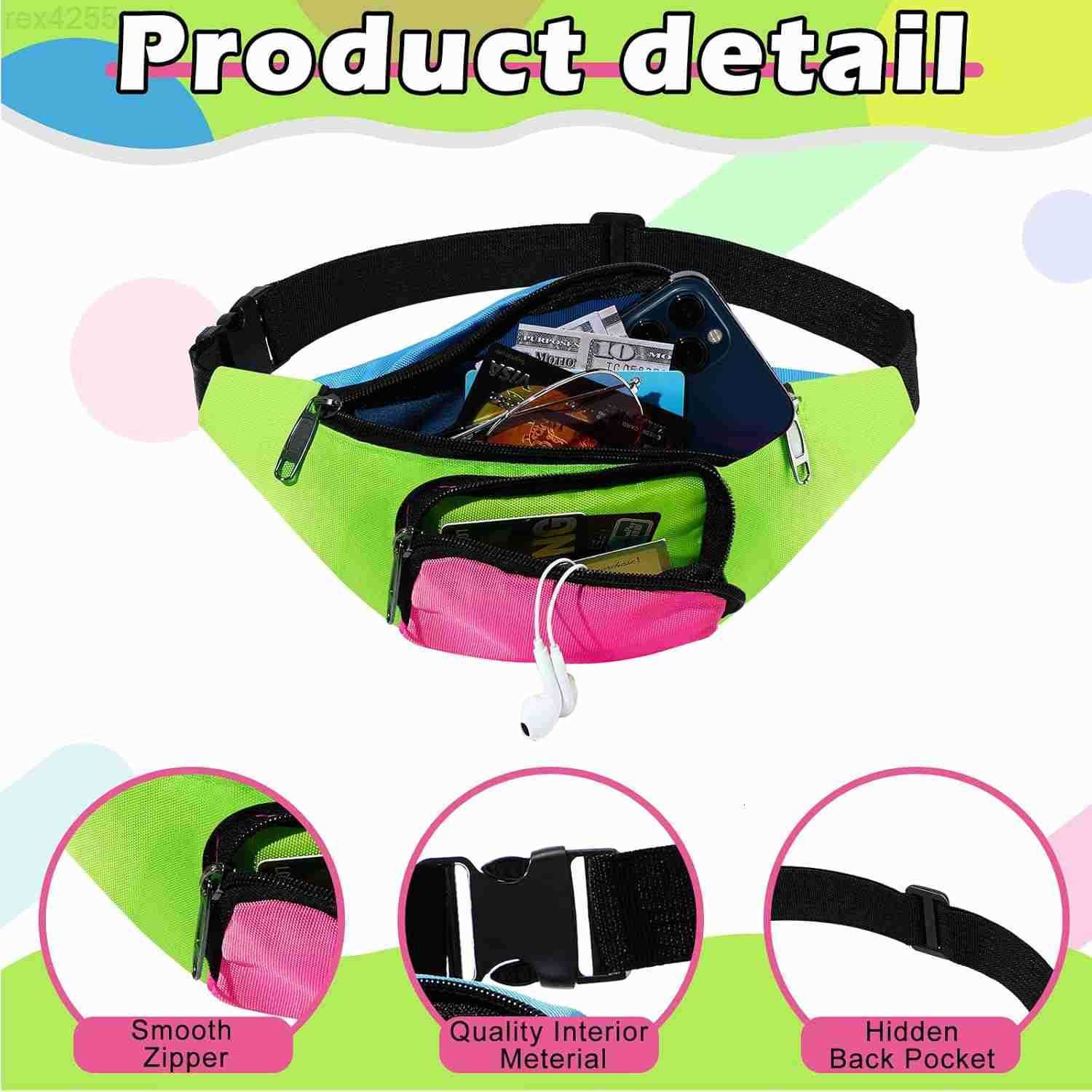 80s Retro Neon Fanny Pack 2 Pockets Belt Bags 90s Costumes for Women Men Waist Packs for Holiday Festival 80s Theme Halloween PartyGreen BottomW250912