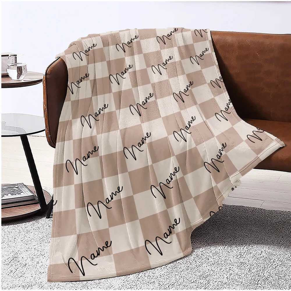 Personalized custom name light brown checkered velvet blanket soft and warm suitable for sofa bed office travelXJ250912
