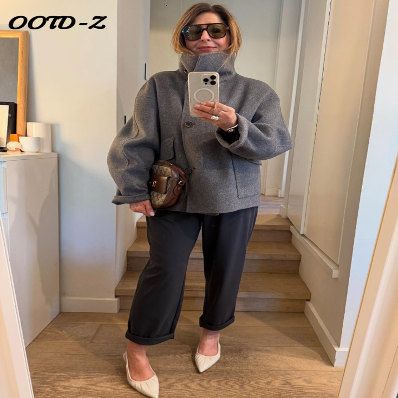 Woolen Solid Women Coat Full Sleeve Lapel Female Jacket Elegant Autumn Winter Casual Button Front Pocket Lady Oversize Top 250911