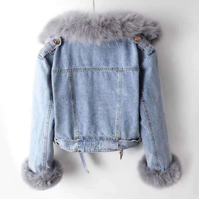 Women's Short Top Party Removable Imitation Fox Rabbit Fur Liner Denim Jacket