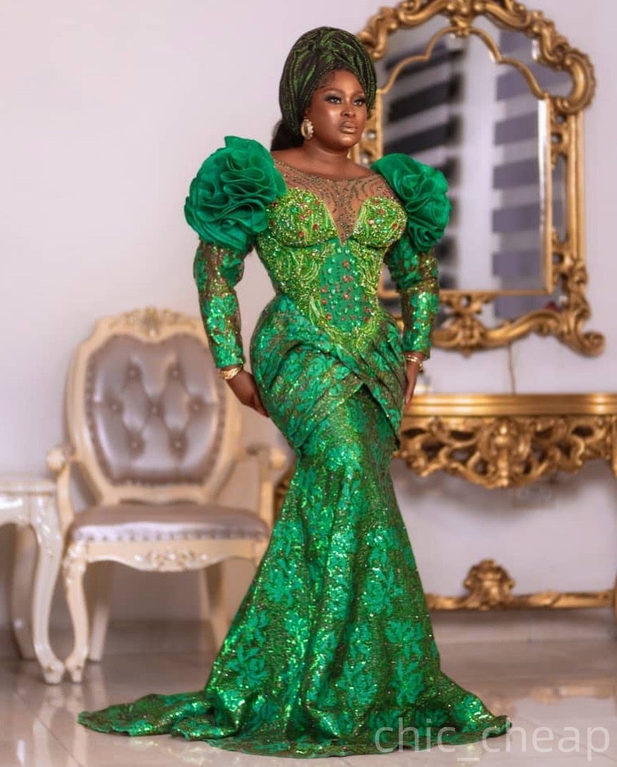 Aso Ebi Green Mermaid Prom Dresses 2025 Crystals Flowers Sheer Neck Evening Formal Party Second Birthday Engagement Gowns Plus Size Dress For Special 