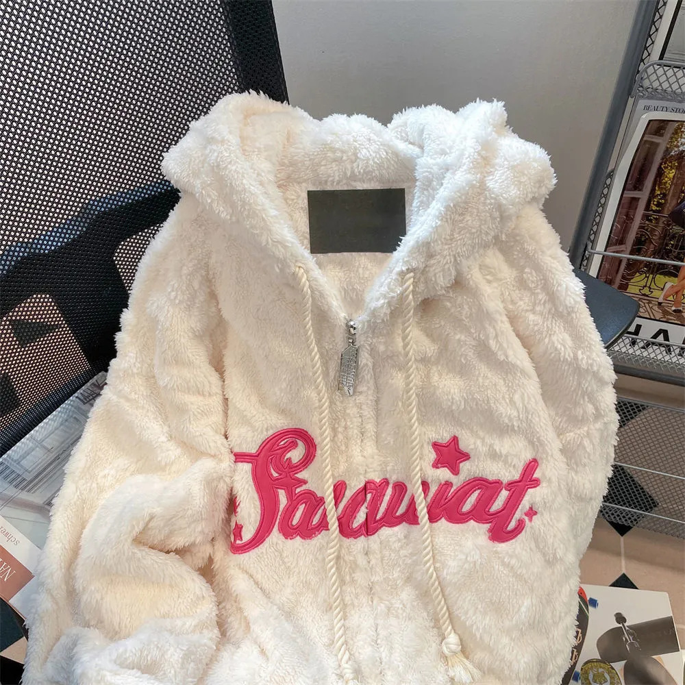 Cute Rabbit Big Ear Lamb Wool Sweater Embroidery Hoodies Women Korean Thickened Wooly Zip Up Hoodies Kawaii Goth Y2k Clothes 240810