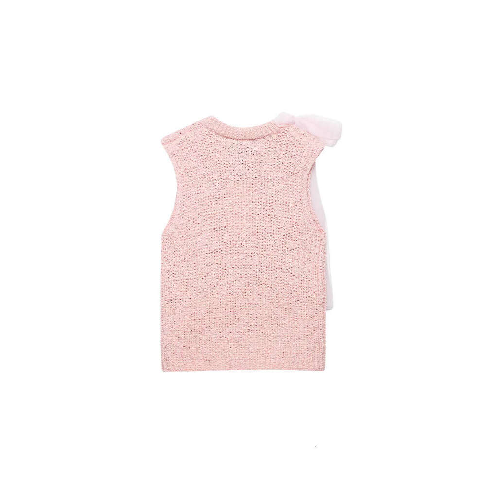 DHEssentials Summer New Fashion Sweet Little Chanel Style Transparent Hard Tulle Bow Decorated Knitted Top