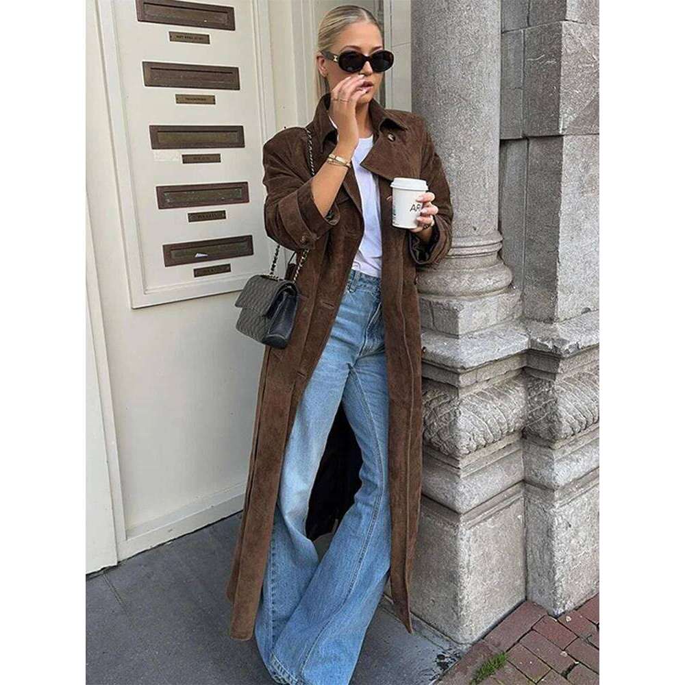 Vintage Suede Long Women's Jacket Casual Lapel Single Breasted Lace Up Coats Jackets Autumn Fashion Women Coat Retro Outerwear