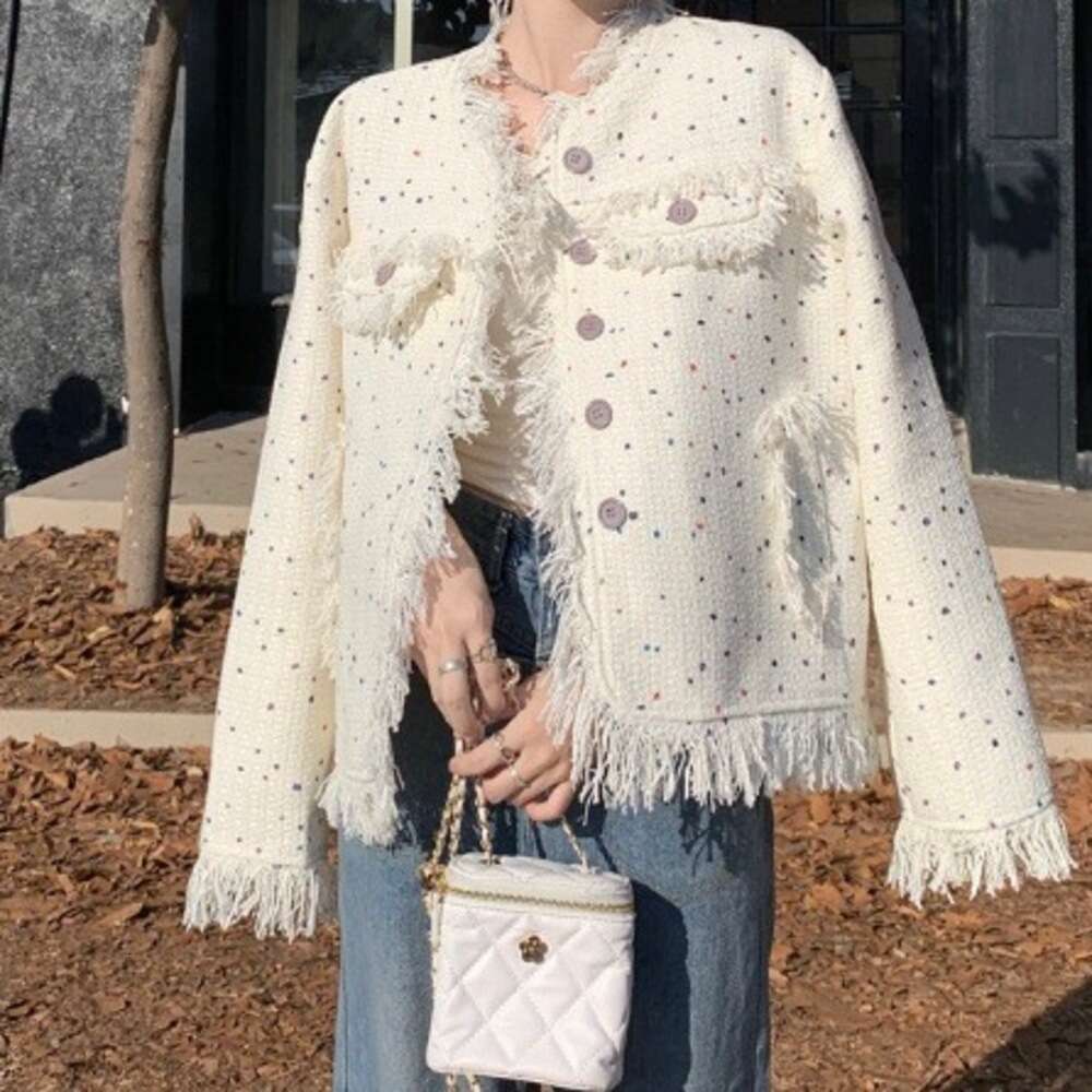DHEssentials 2024 Season New Small Fragrance Style Women's Jacket Autumn Design Colorful Polka Dot Tassel Loose High-end Long Sleeve Top